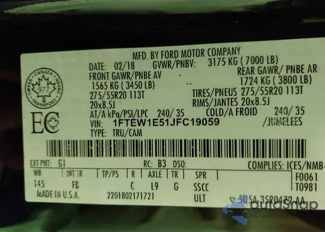 2018 Ford F-150 Xlt from USA, damaged, VIN 1FTEW1E51JFC19059